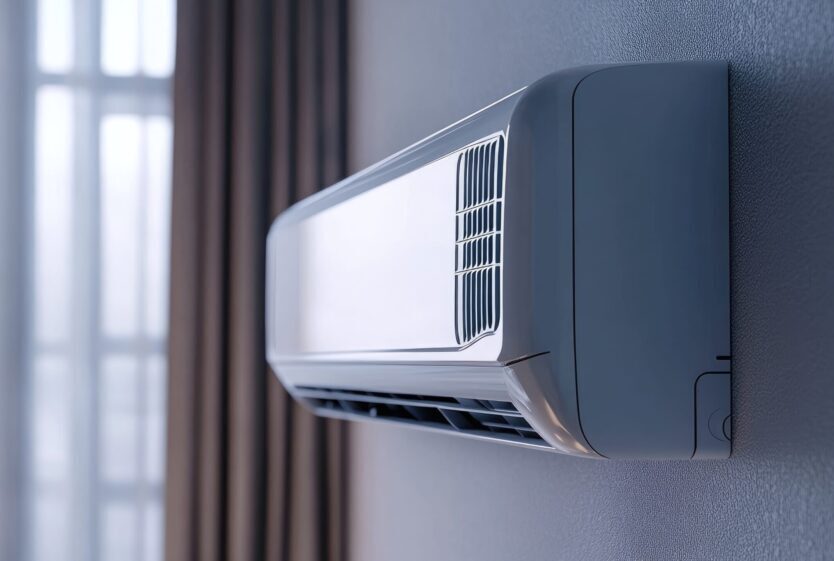 Air heat pump mounted on a wall for efficient heating and cooling of a home Enhance your indoor comfort by personalizing your living space with this adaptable air heat pump split cooling unit
