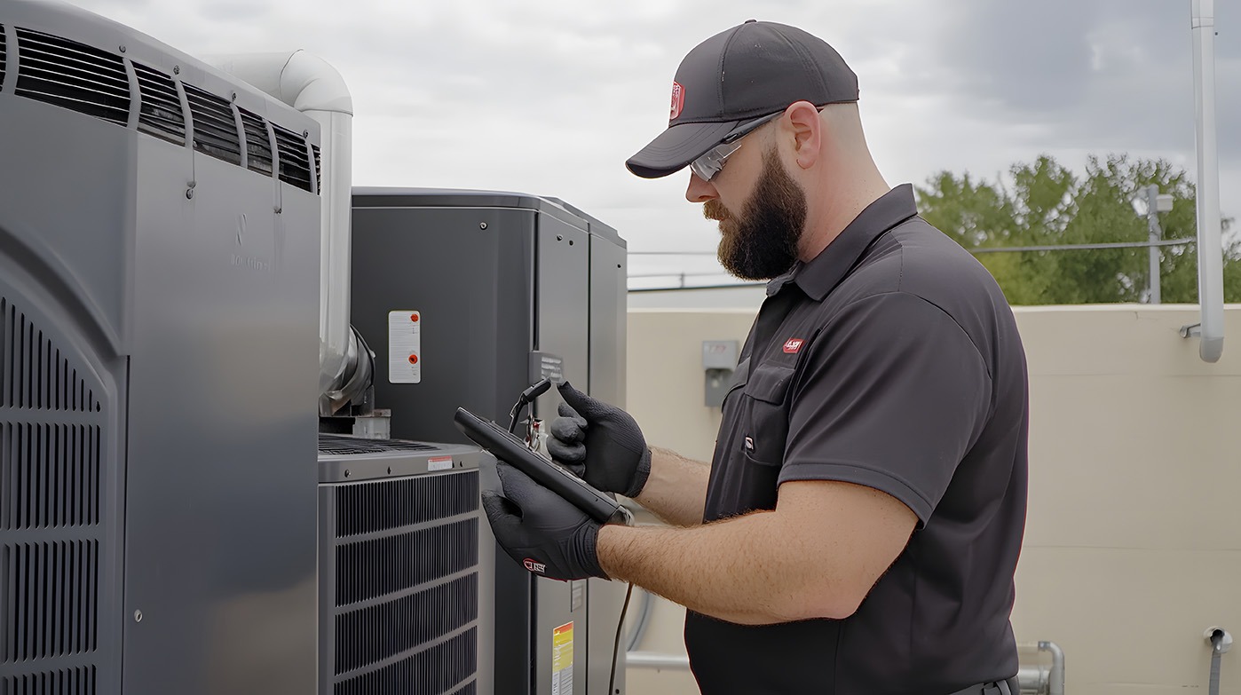 hvactechnician hvac technician in uniform inspecting and recording data on a rooftop unit