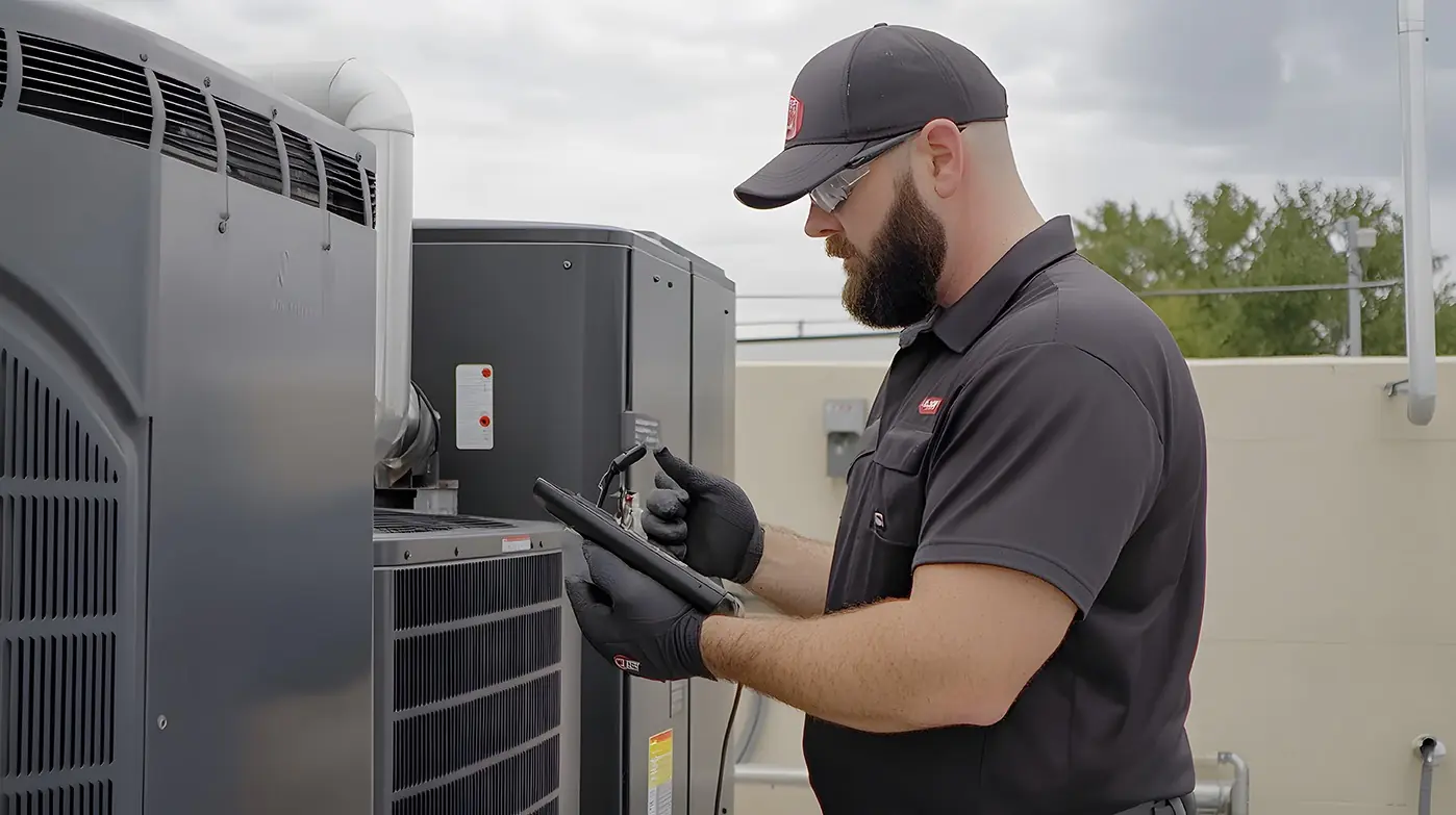 hvactechnician hvac technician in uniform inspecting and recording data on a rooftop unit
