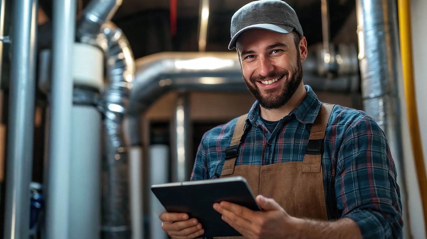 hvactech hvac technician man using a mobile phone in a basement by water heater burner duct work diy repair or install happy with work done