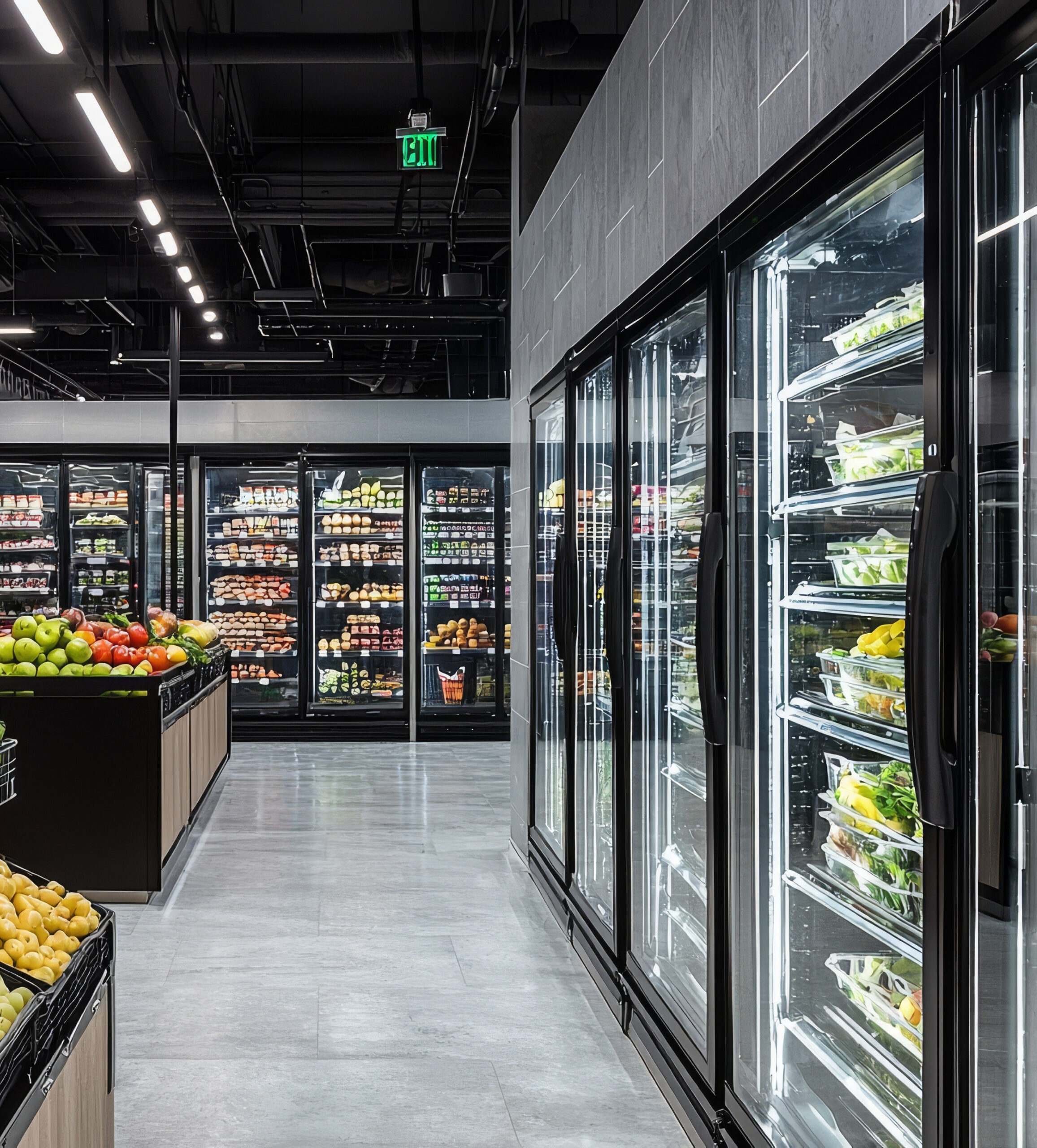 refrigerationgrocerystore modern walk-in cooler illuminated by bright led lights with rows of shelves filled with fresh produce meats and dairy products