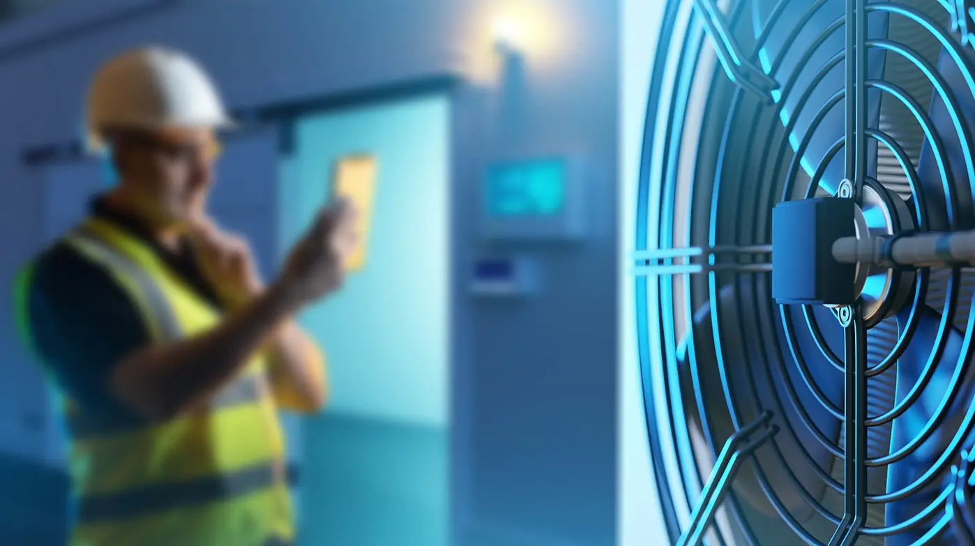 technicianincoolerfan ndustrial refrigeration equipment air conditioning unit for freezer warehouse man with laptop is setting up freezer industrial refrigeration systems warehouse with cooling system
